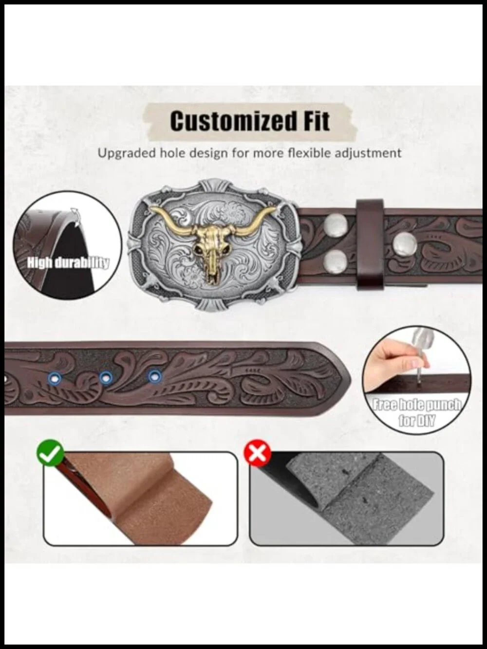 2 Pack Genuine Leather Cowboy Belts Western Buckles Set Gift
